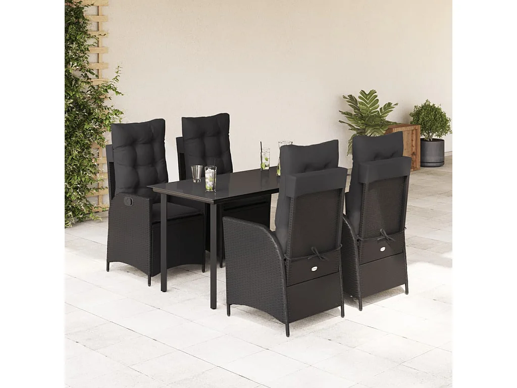 Set de muebles jardín 5 piezas con cojines ratán sintético negro