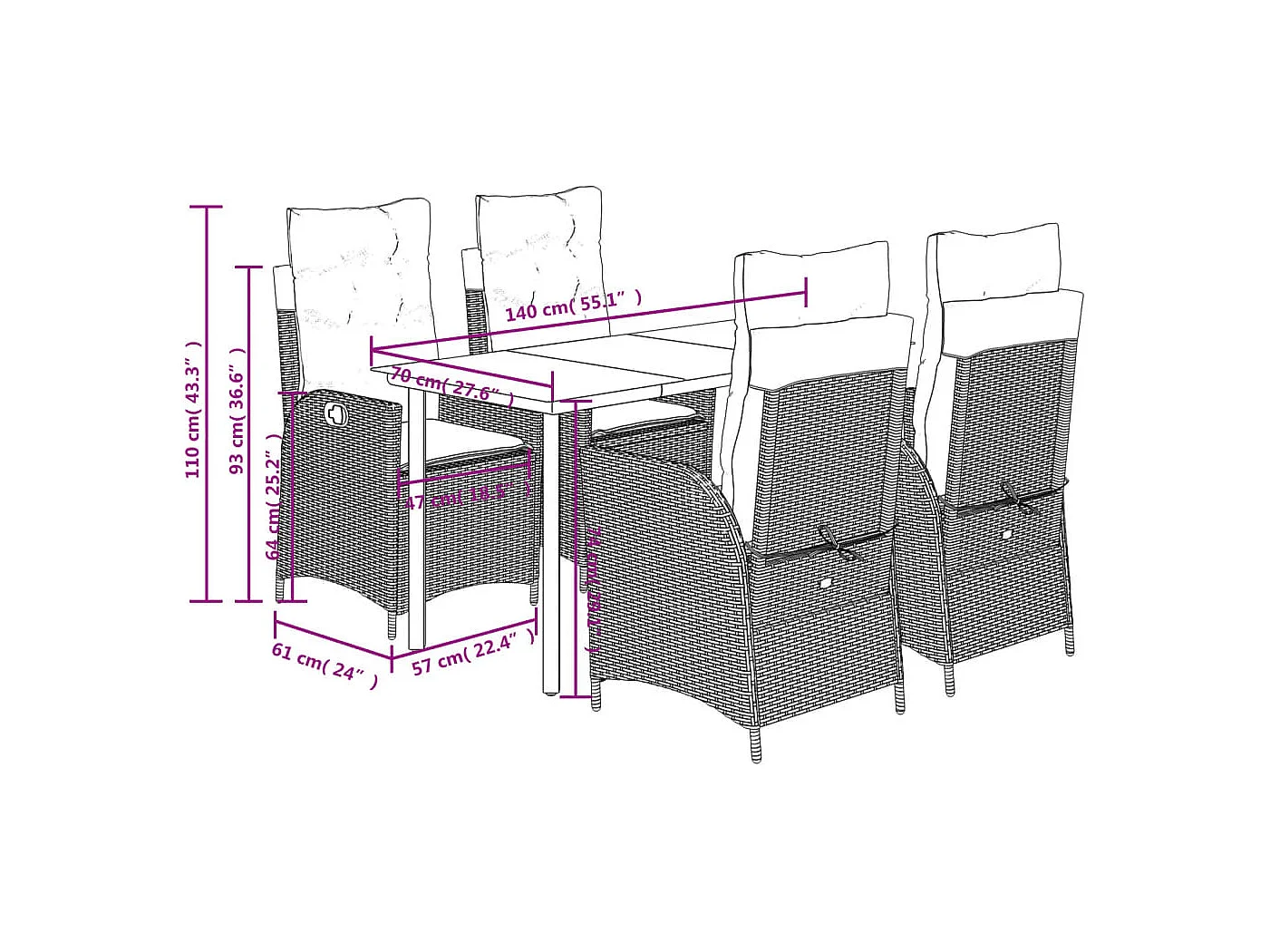 Set de muebles jardín 5 piezas con cojines ratán sintético negro