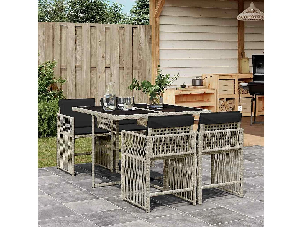 Set comedor de jardín 5 piezas cojines ratán sintético gris claro