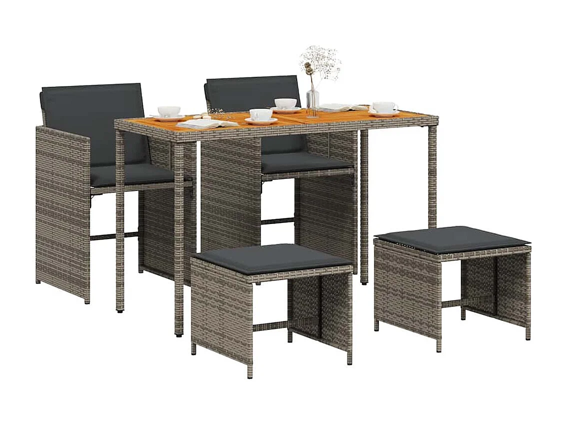 Set comedor de jardín 5 piezas con cojines ratán sintético gris