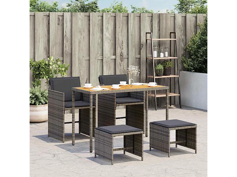 Set comedor de jardín 5 piezas con cojines ratán sintético gris