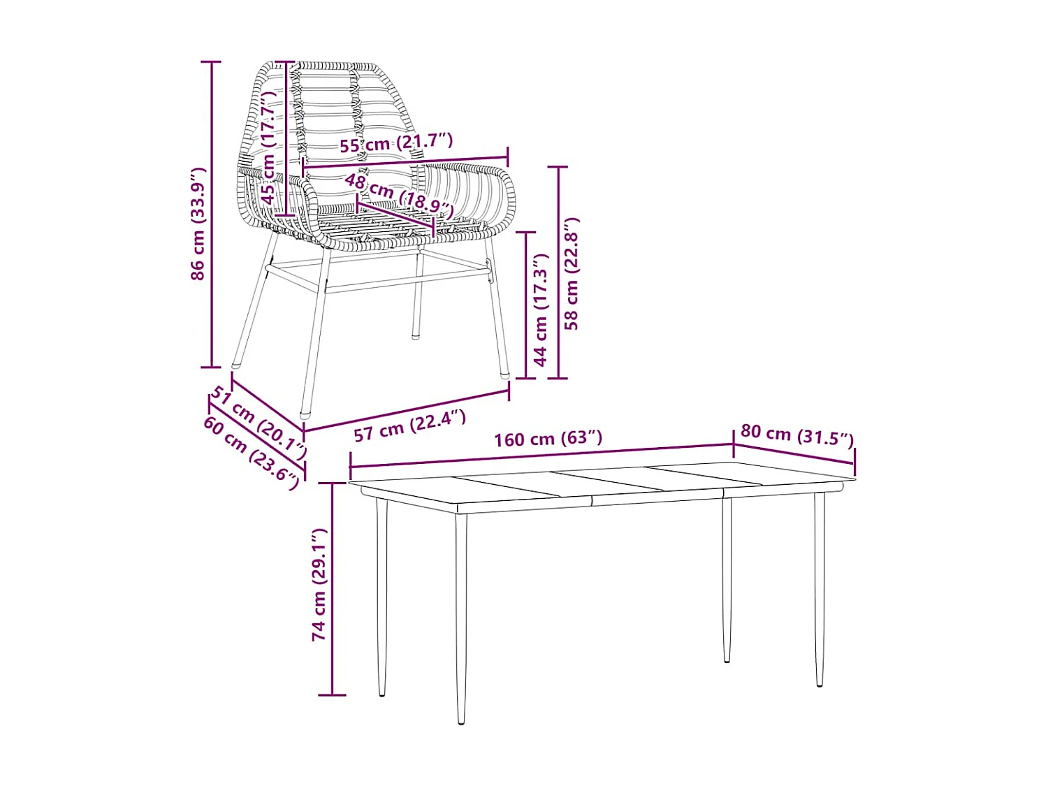 Juego de comedor jardín 5 piezas ratán sintético marrón