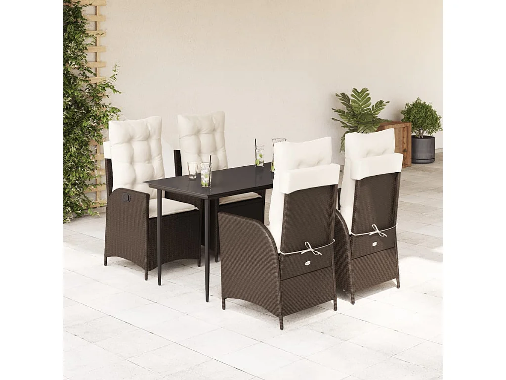 Set comedor de jardín 5 piezas y cojines ratán sintético marrón
