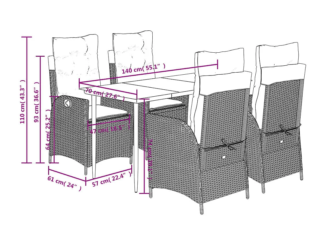 Set comedor de jardín 5 piezas y cojines ratán sintético marrón