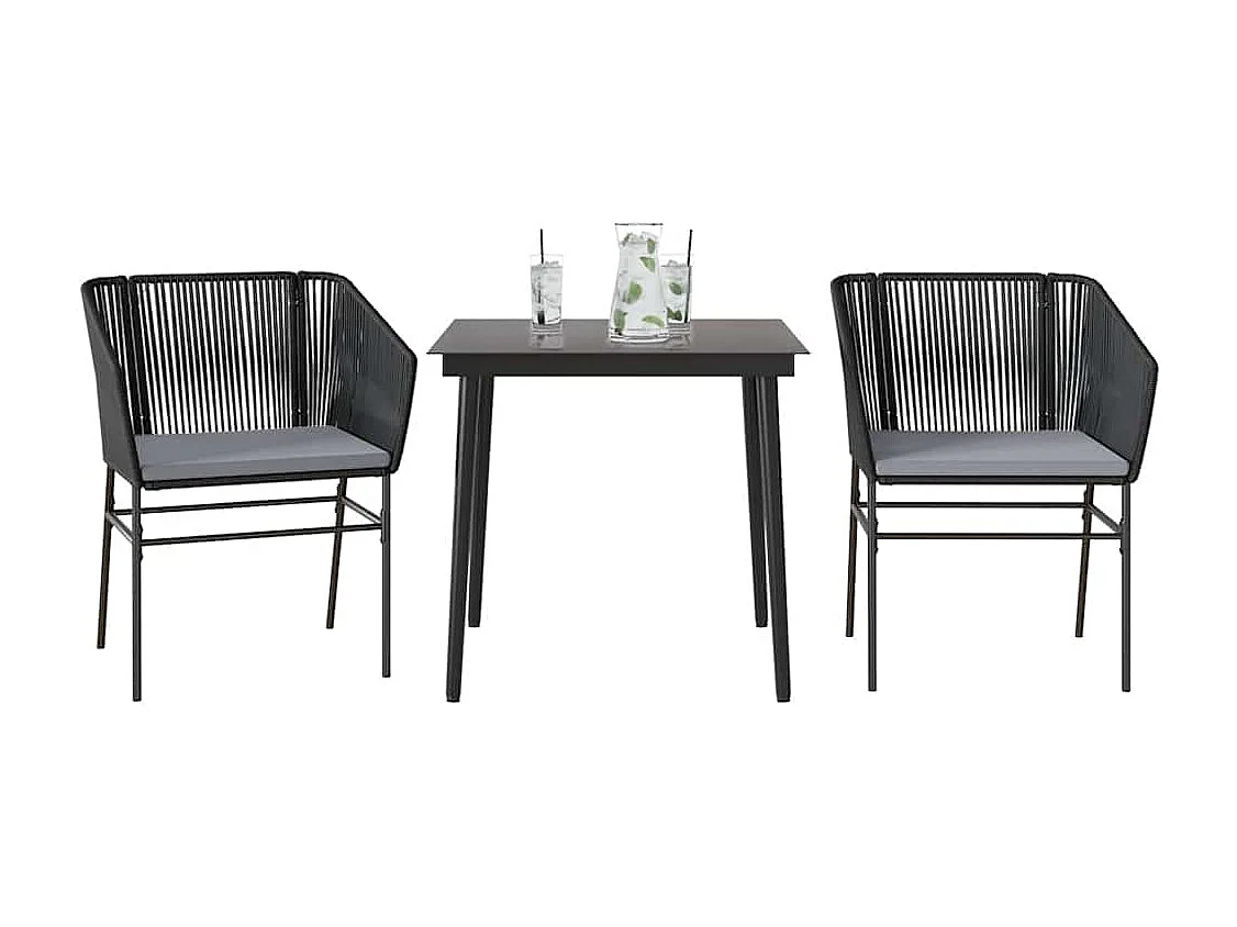 Set comedor jardín 3 piezas cojines ratán sintético vidrio negro
