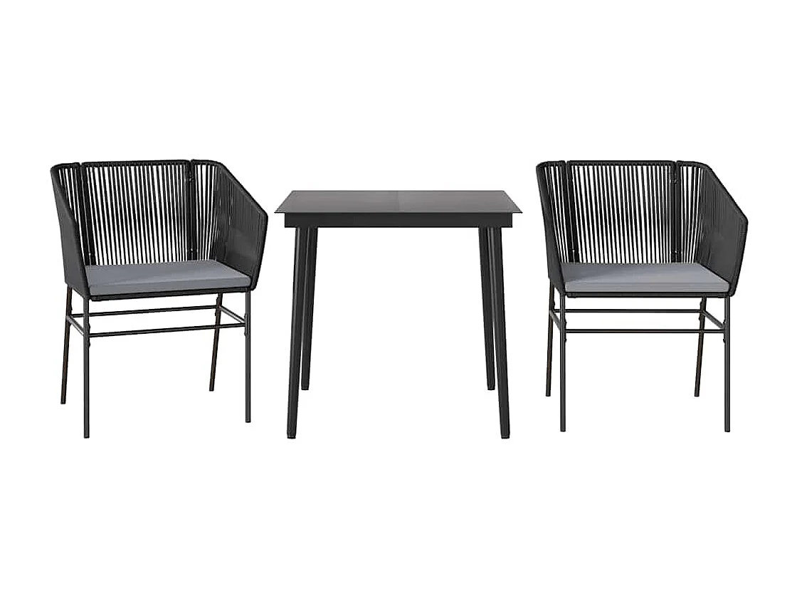 Set comedor jardín 3 piezas cojines ratán sintético vidrio negro