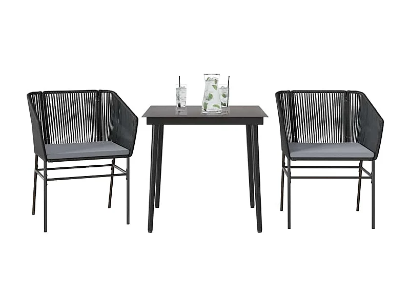 Set comedor jardín 3 piezas cojines ratán sintético vidrio negro