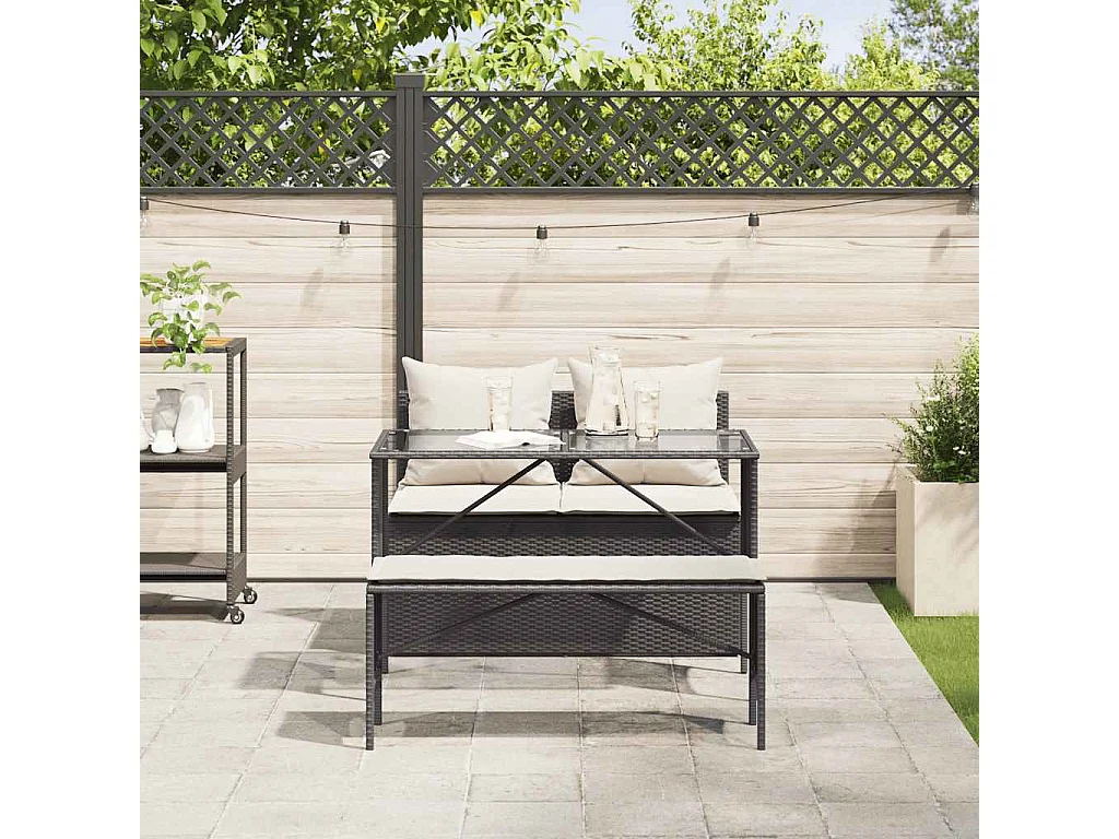 Set comedor de jardín 3 piezas con cojines ratán sintético negro