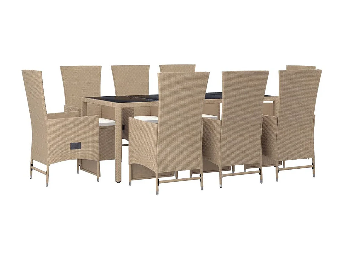 Ensemble à manger de jardin et coussins 9 pièces beige Poly rotin