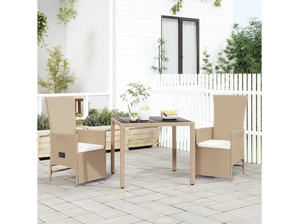 Set comedor de jardín 3 piezas con cojines ratán sintético beige