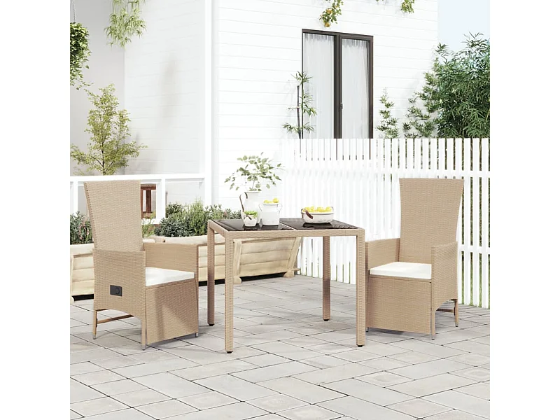 Set comedor de jardín 3 piezas con cojines ratán sintético beige