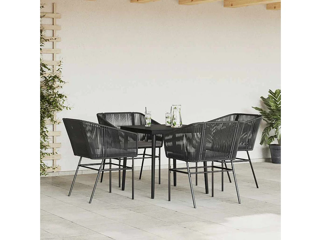 Juego de comedor jardín 5 piezas cojines ratán sintético negro