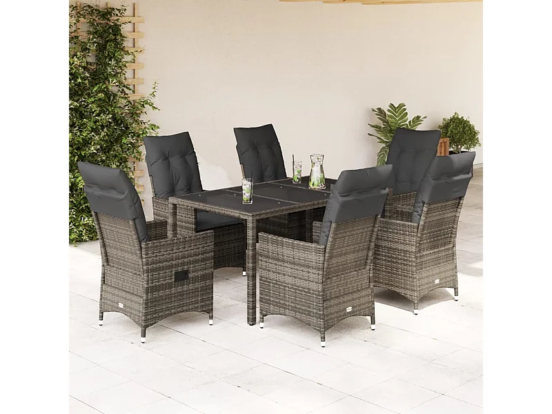 Ensemble à manger de jardin et coussins 7 pièces gris rotin