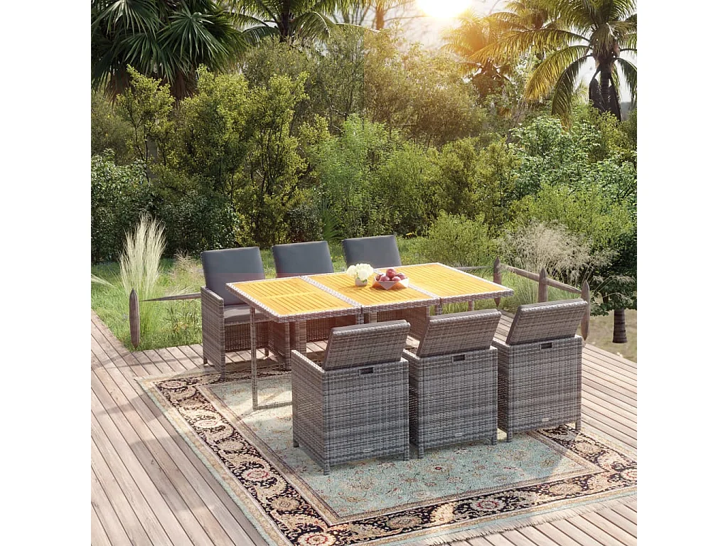 Ensemble à manger de jardin coussins 7pièces Résine tressée Gris