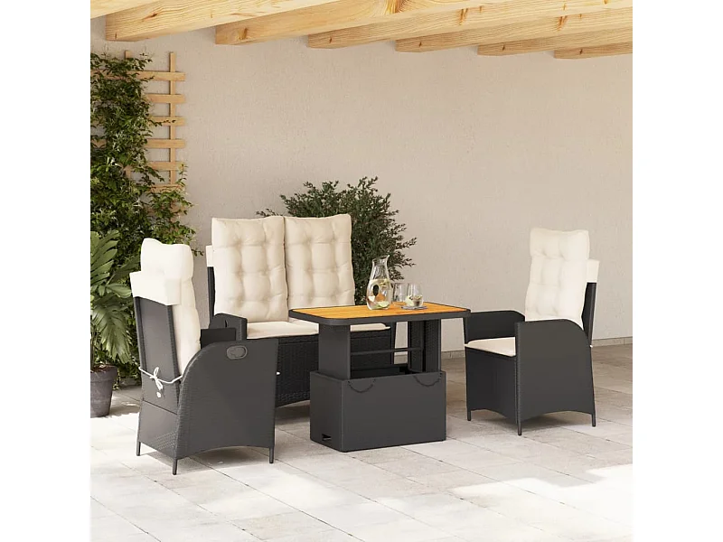 Juego comedor jardín 4 piezas con cojines ratán sintético negro