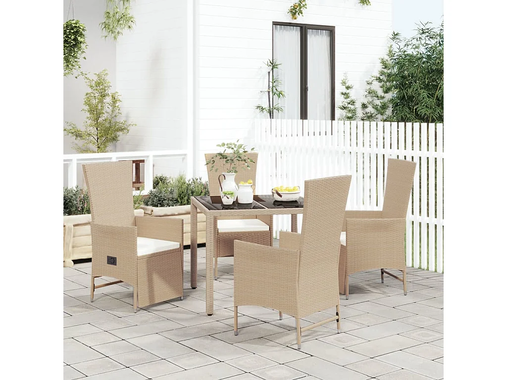 Ensemble à manger de jardin avec coussins 5 pièces Beige poly rotin