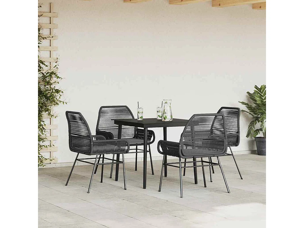 Ensemble à manger de jardin et coussins 5 pièces noir rotin verre