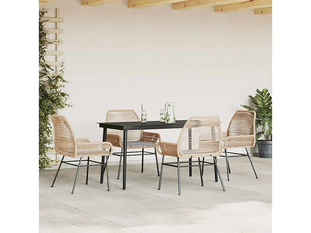 Ensemble à manger jardin coussins 5 pièces marron poly rotin verre