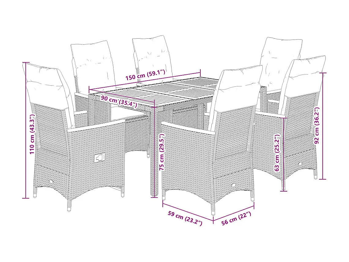 Ensemble à manger de jardin coussins 7pièces Noir Résine tressée