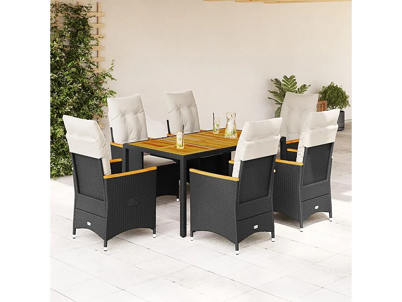 Ensemble à manger de jardin coussins 7pièces Noir Résine tressée