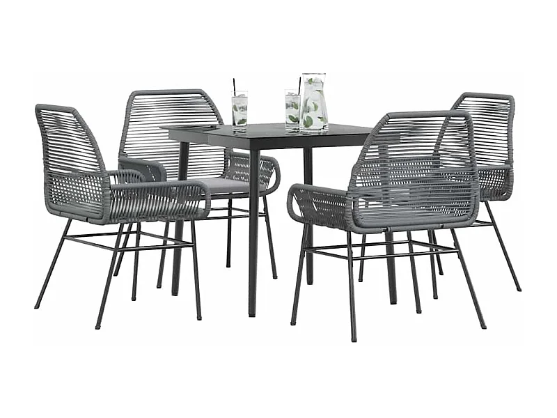 Ensemble à manger jardin coussins 5 pièces gris poly rotin verre