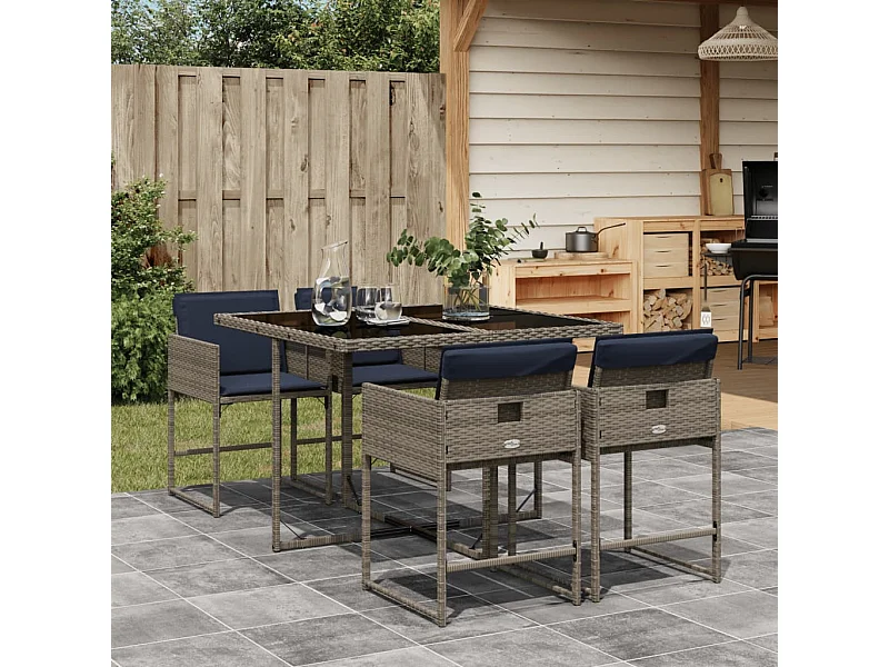 Ensemble à manger de jardin 5 pièces coussins gris résine tressée