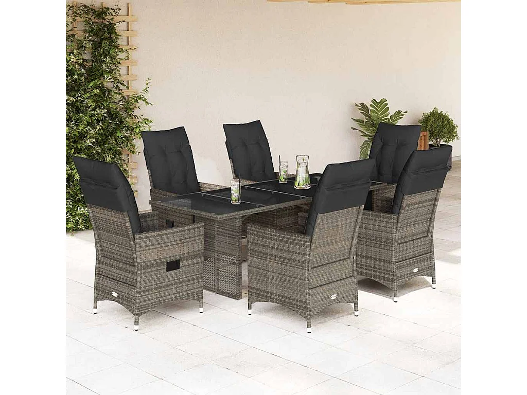 Ensemble à manger de jardin et coussins 7 pièces gris rotin