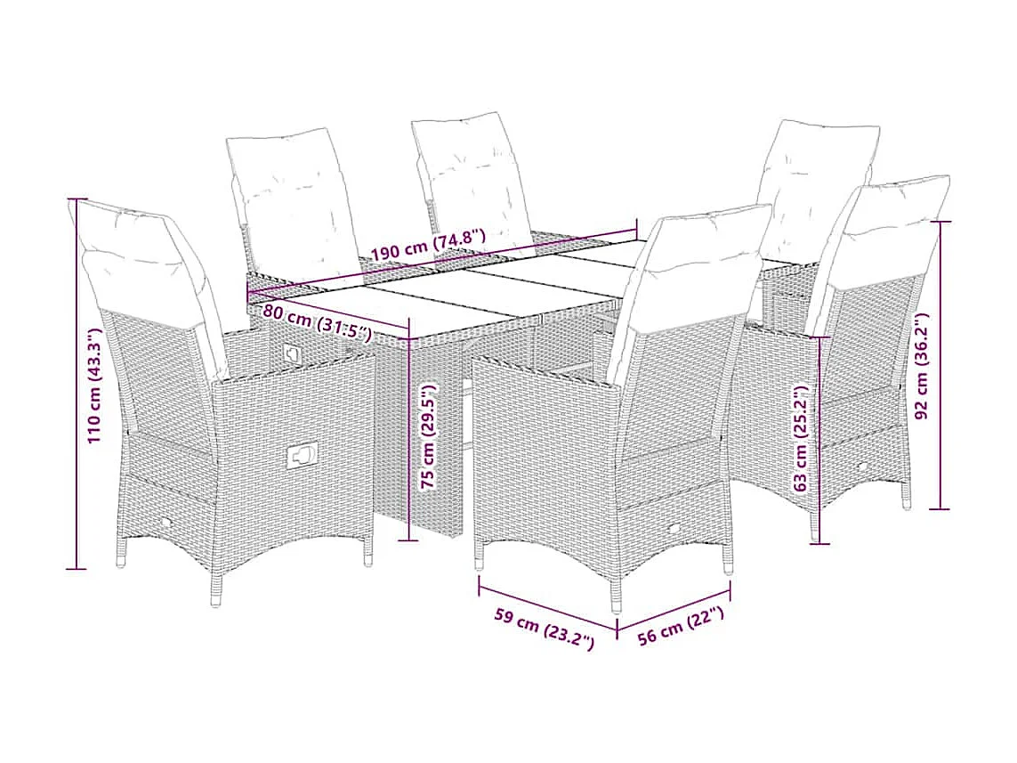 Ensemble à manger de jardin et coussins 7 pièces gris rotin