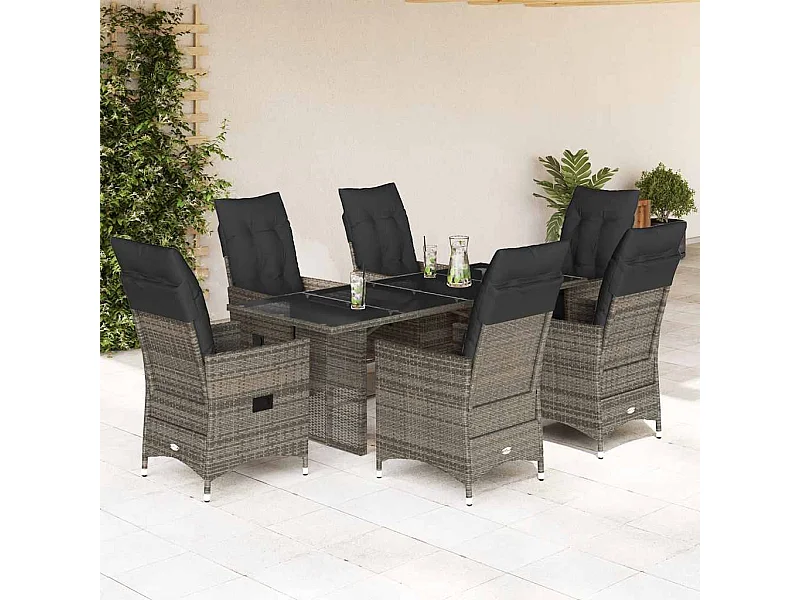 Ensemble à manger de jardin et coussins 7 pièces gris rotin