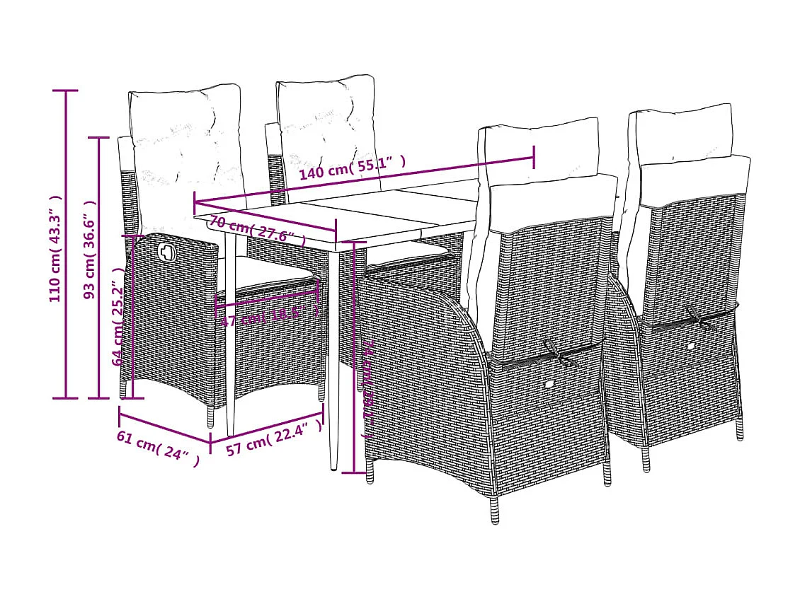 Set de muebles jardín 5 piezas con cojines ratán sintético negro