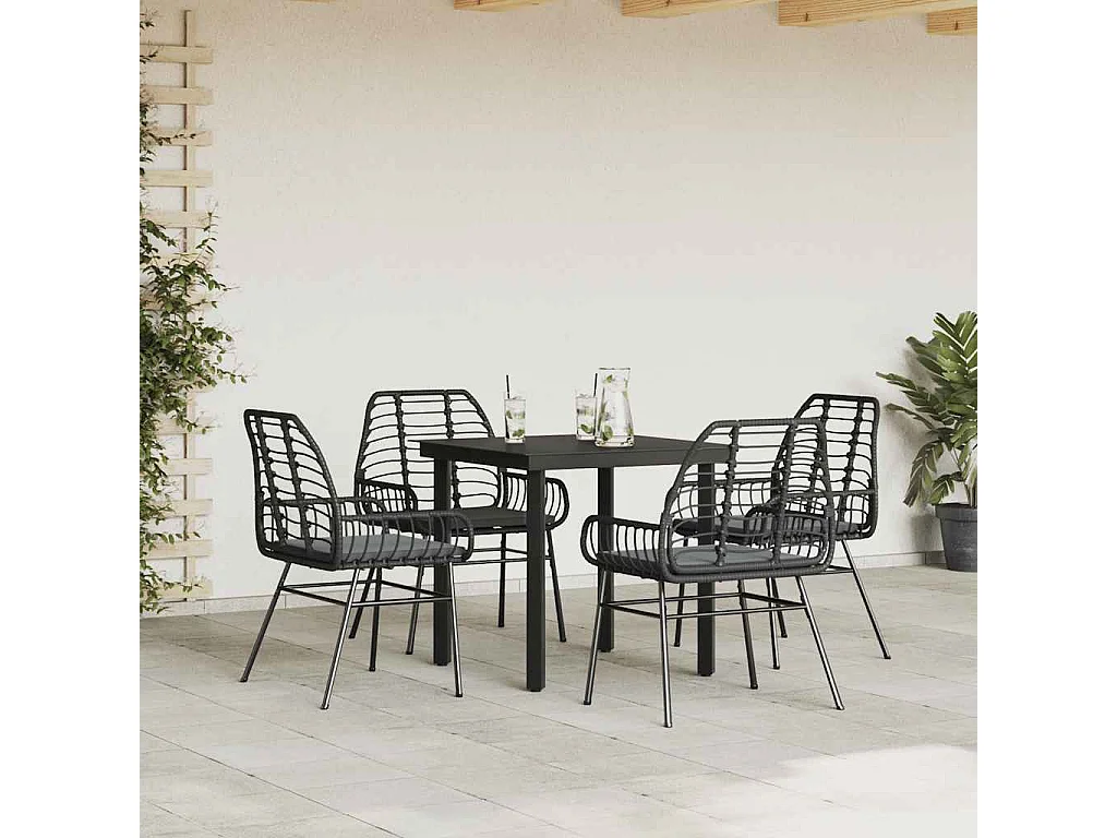 Juego de comedor jardín 5 piezas cojines ratán sintético negro