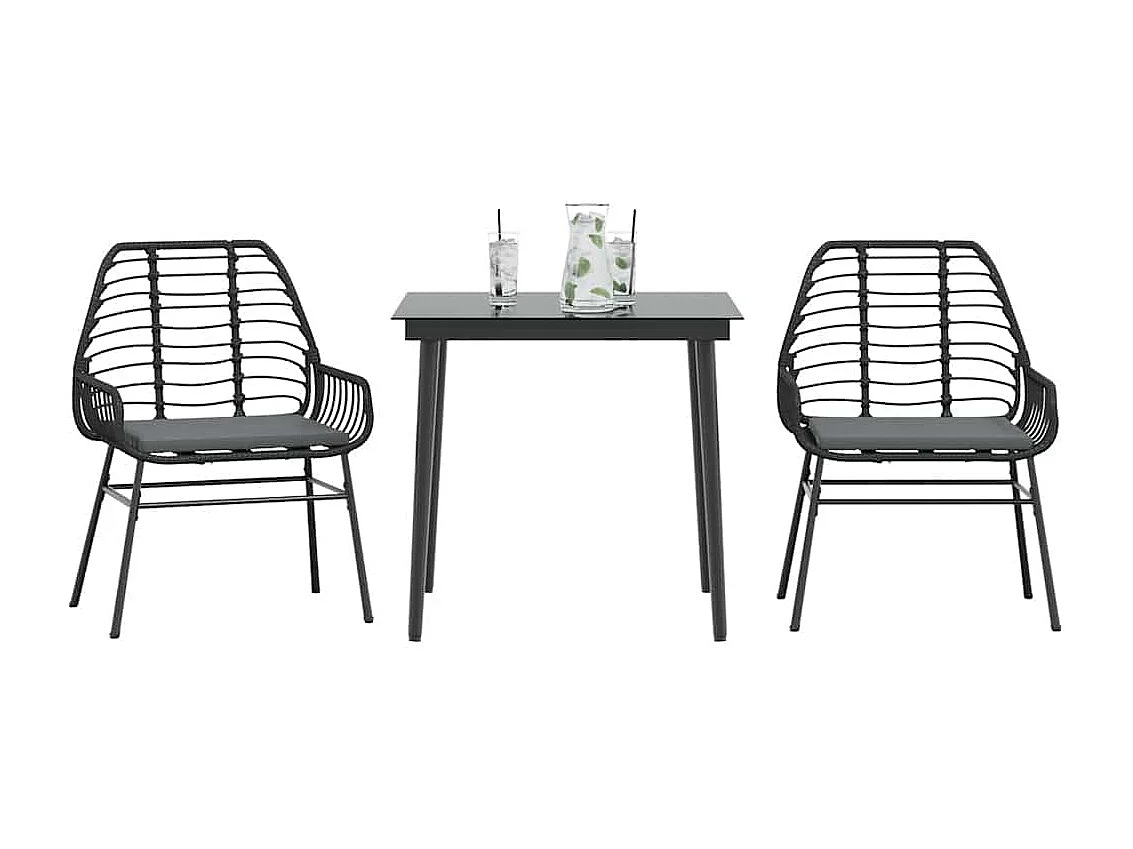 Ensemble à manger de jardin et coussins 3 pièces noir rotin verre