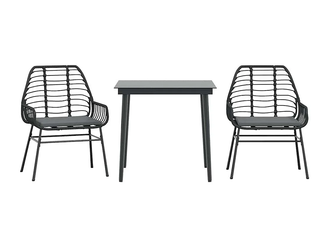 Ensemble à manger de jardin et coussins 3 pièces noir rotin verre