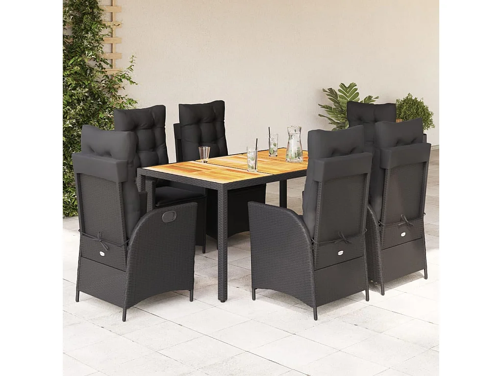 Ensemble à manger de jardin coussins 7pièces Noir Résine tressée