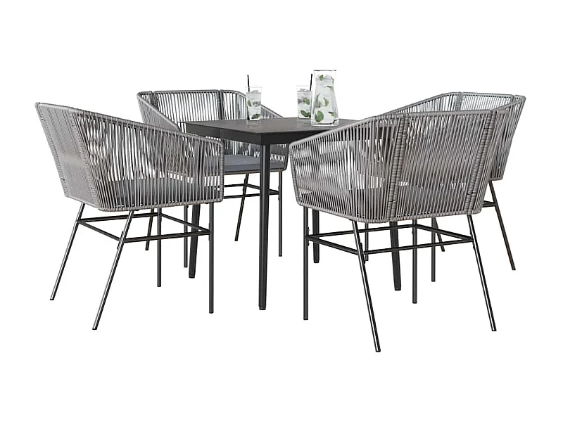 Ensemble à manger jardin coussins 5 pièces gris poly rotin verre