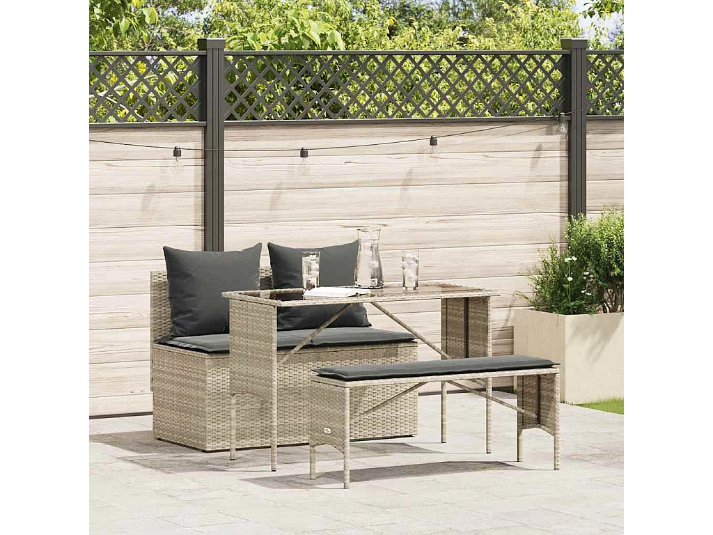 Set comedor de jardín 3 piezas cojines ratán sintético gris claro