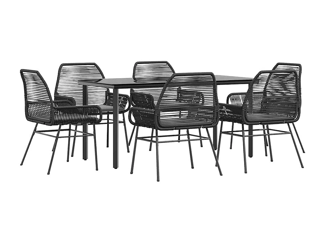 Ensemble à manger de jardin coussins 7pièces noir poly rotin verre
