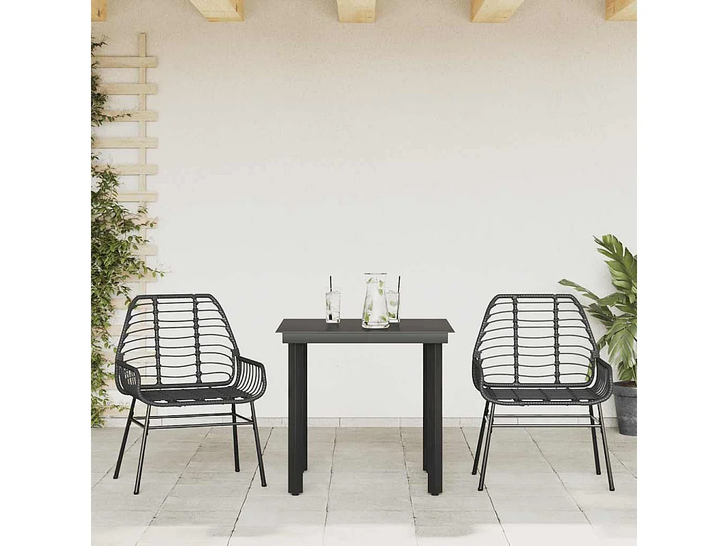 Muebles de jardín 3 piezas ratán sintético vidrio negro