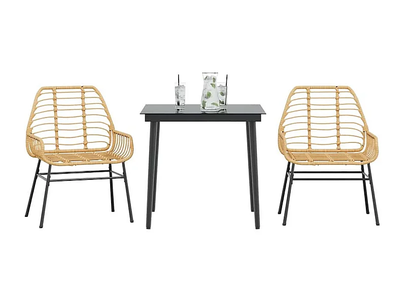 Juego de comedor jardín 3 piezas ratán sintético vidrio marrón