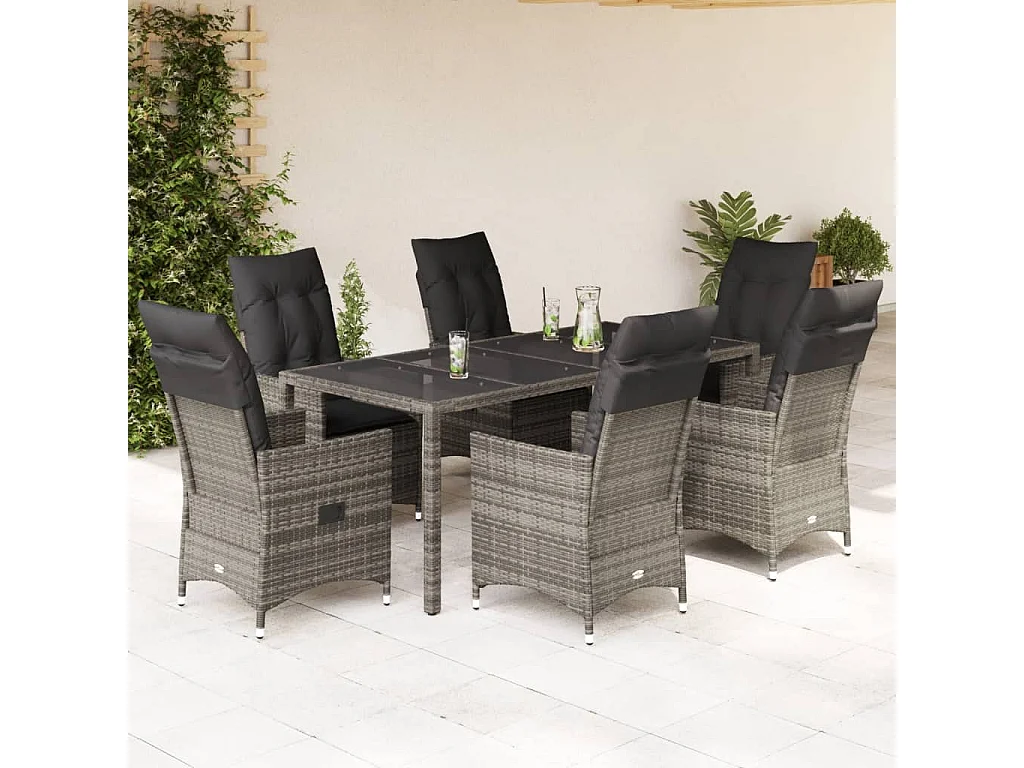 Ensemble à manger de jardin et coussins 7 pièces gris rotin