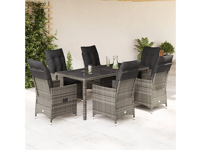 Ensemble à manger de jardin et coussins 7 pièces gris rotin