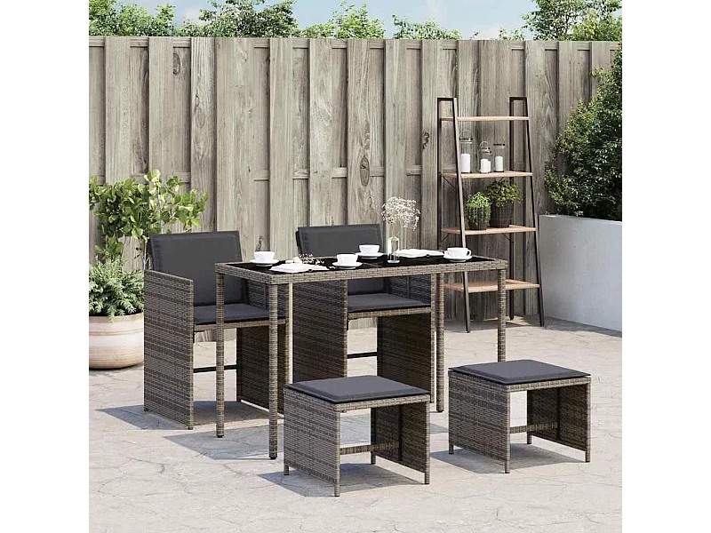 Set comedor de jardín 5 piezas con cojines ratán sintético gris