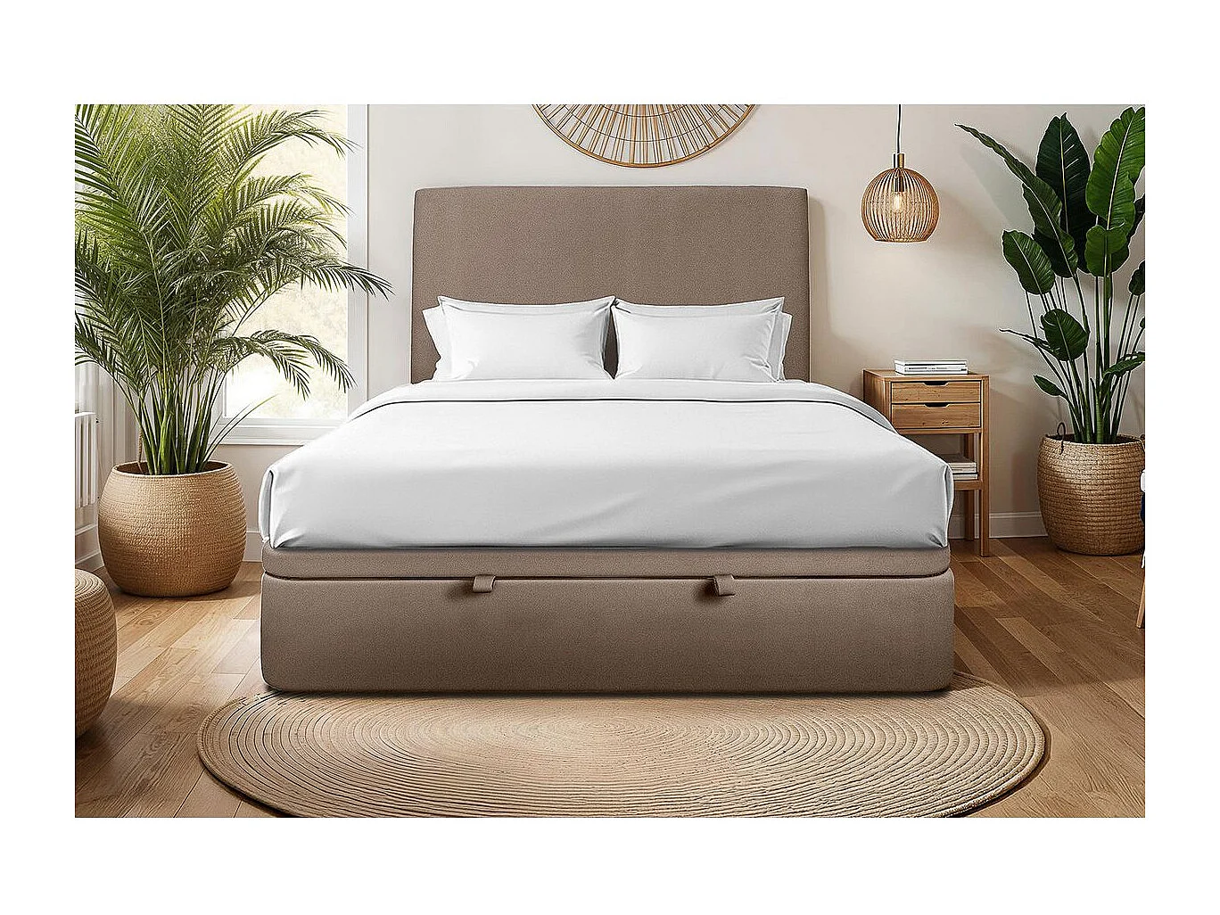 Lit coffre 160x200cm avec tête de lit tapissier Velours Taupe - Hauteur totale : 39cm