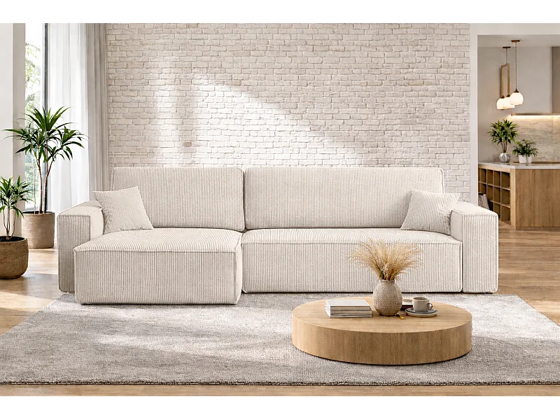 Canapé d’angle convertible réversible CARLOS XL – Velours côtelé blanc, grand coffre, fonction couchage, montage universel