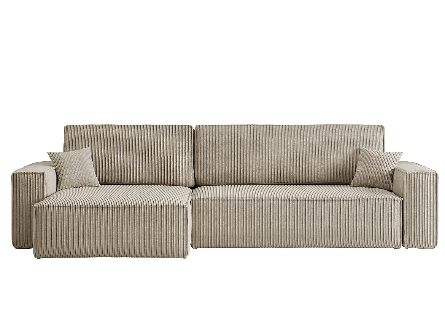 Divano angolare trasformabile reversibile CARLOS XL – Velluto a coste beige, ampio vano contenitore, funzione letto, montaggio universale