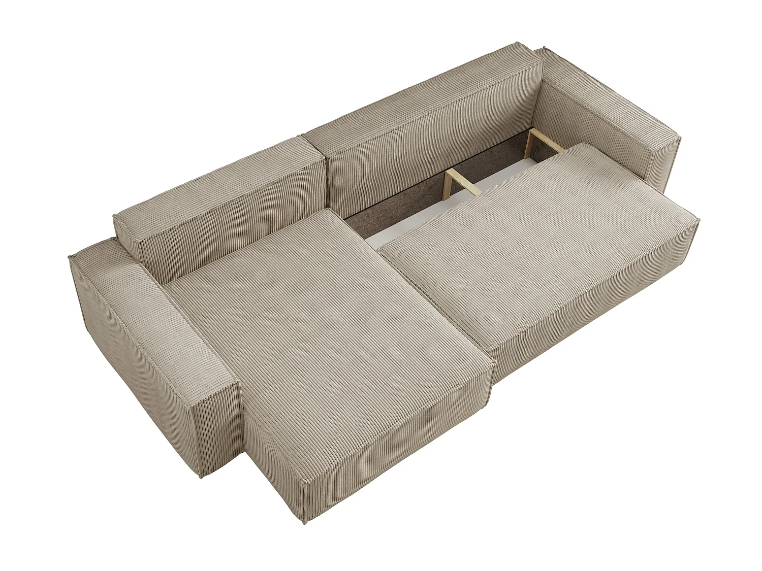 Divano angolare trasformabile reversibile CARLOS XL – Velluto a coste beige, ampio vano contenitore, funzione letto, montaggio universale