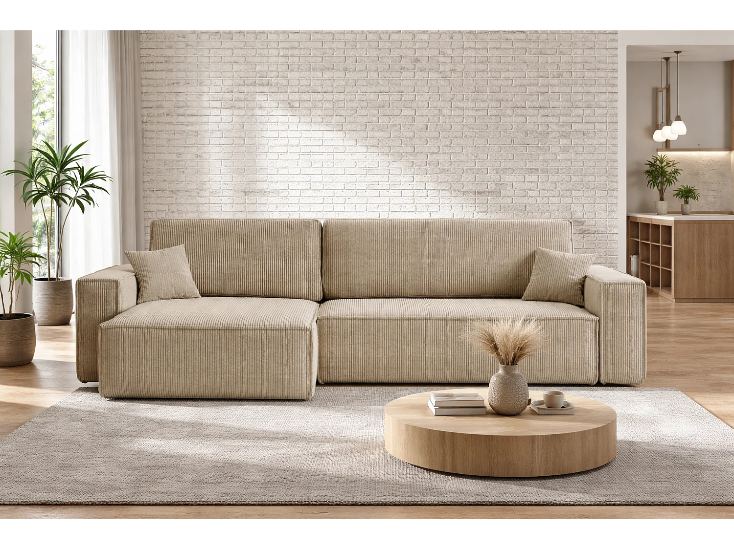 Canapé d’angle convertible réversible CARLOS XL – Velours côtelé beige, grand coffre, fonction couchage, montage universel