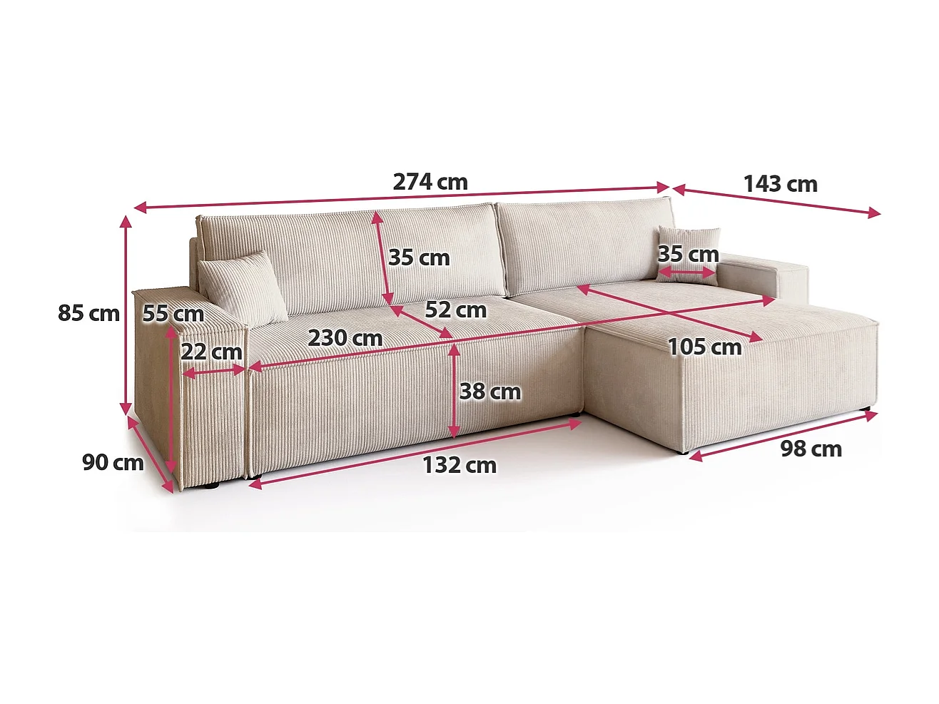 Canapé d’angle convertible réversible CARLOS XL – Velours côtelé beige, grand coffre, fonction couchage, montage universel