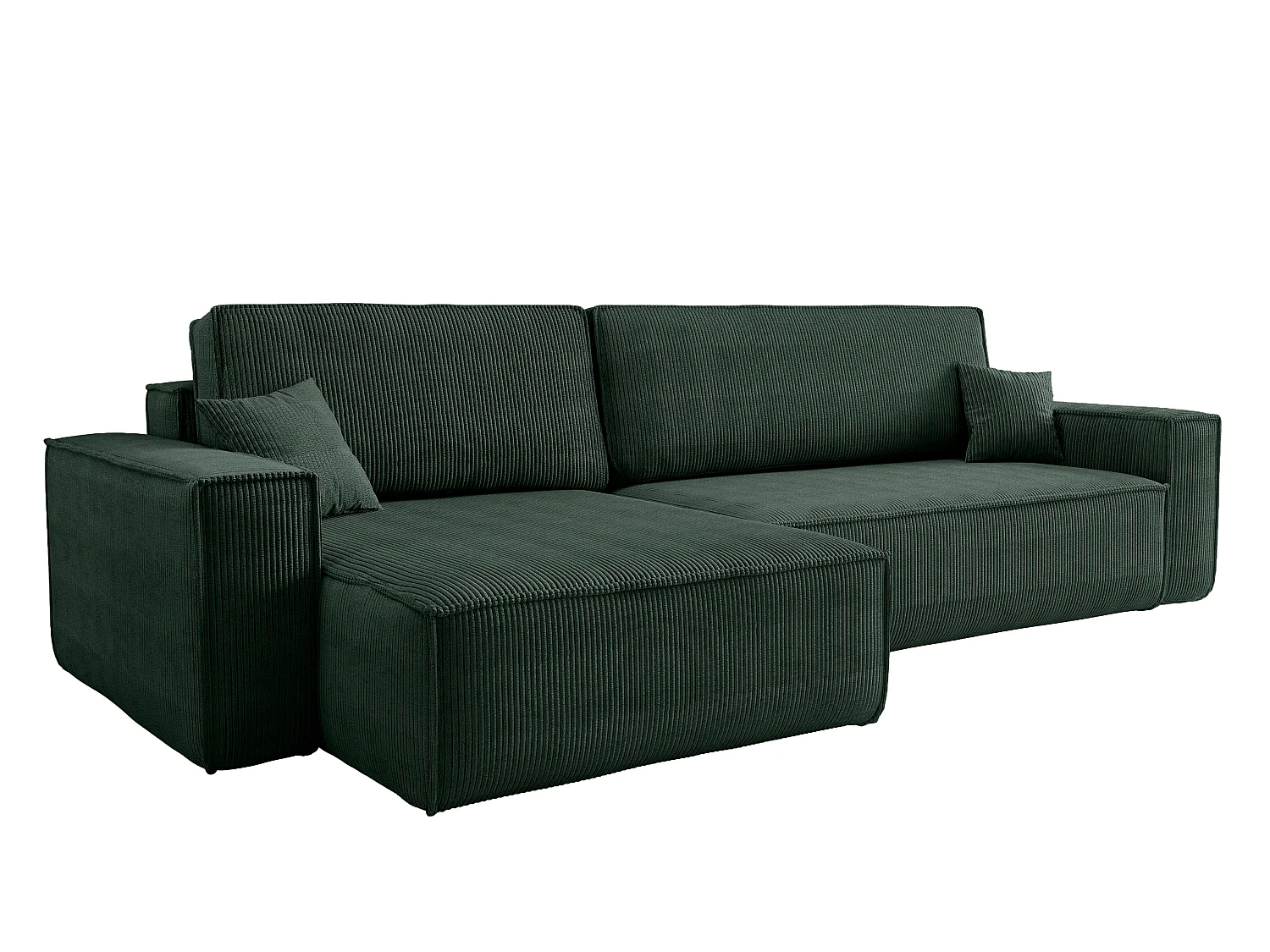 Canapé d’angle convertible réversible CARLOS XL – Velours côtelé vert bouteille, grand coffre, fonction couchage, montage universel