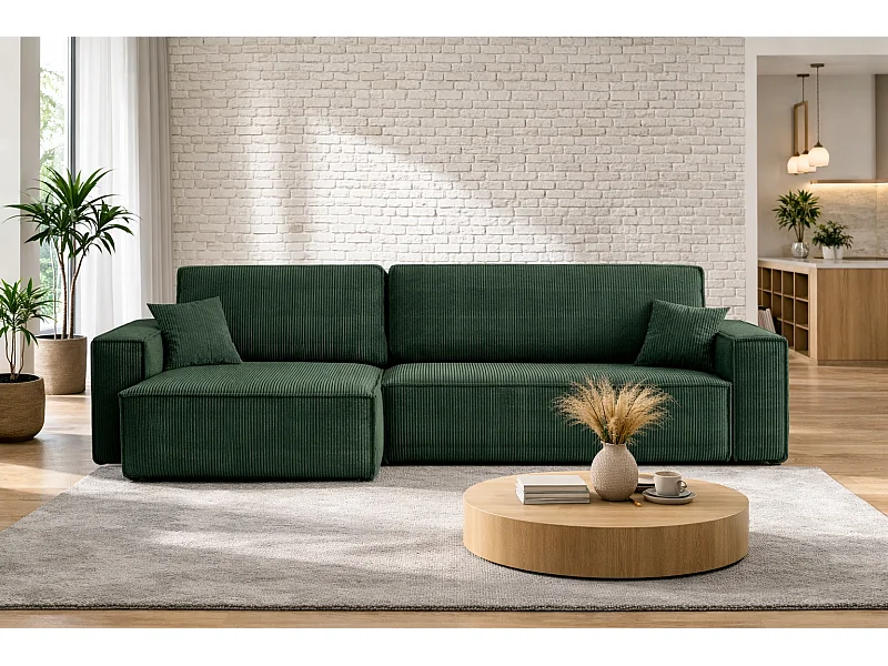 Canapé d’angle convertible réversible CARLOS XL – Velours côtelé vert bouteille, grand coffre, fonction couchage, montage universel